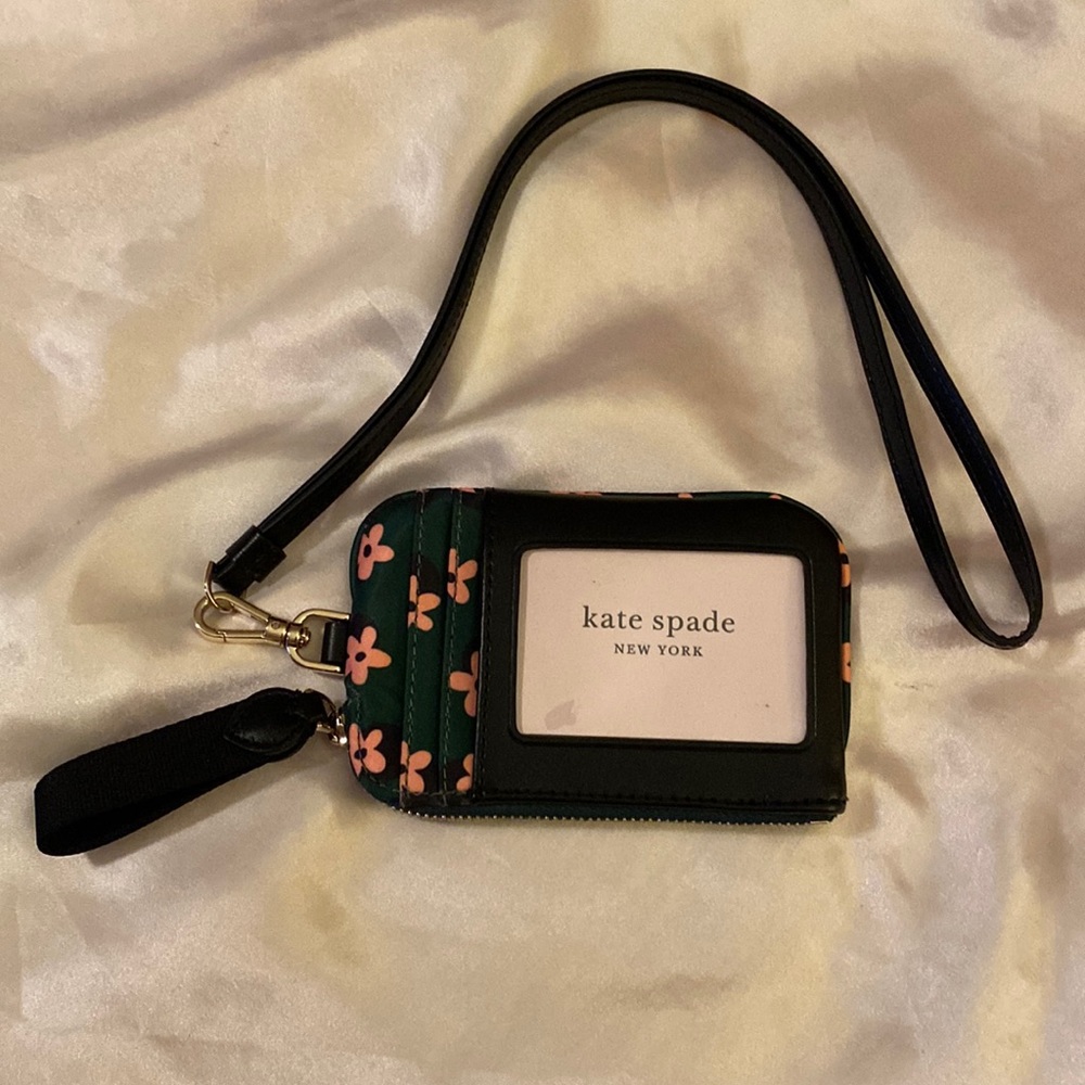Kate spade Chelsea card case lanyard. Dark green/black/pink nylon